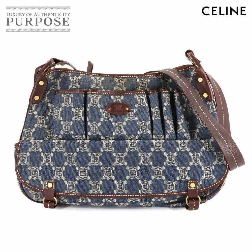 Celine Macadam Shoulder Bag Denim Leather Blue Brown